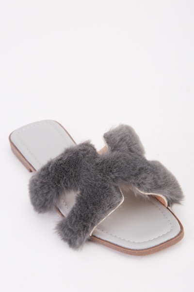 Cut Out Faux Fur Slide Sandals