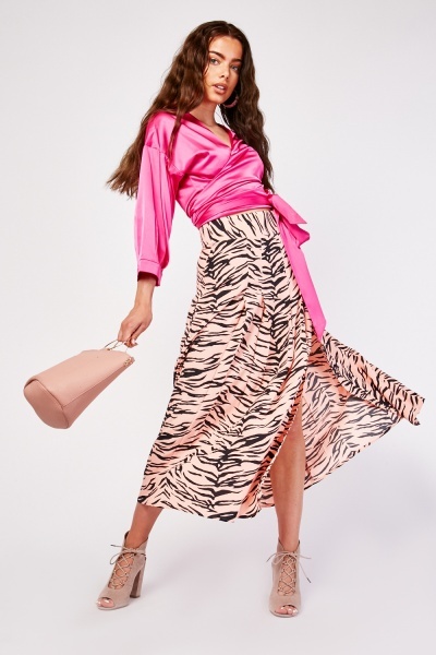 Pleated Zebra Print Midi Skirt