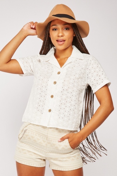 Embroidered Perforated Button Up Top
