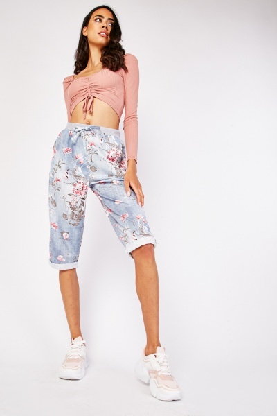 Floral Print Elasticated Cropped Trousers