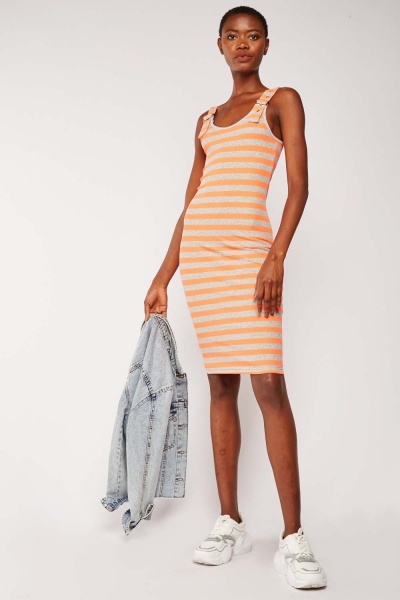 Buckle Strap Striped Midi Dress