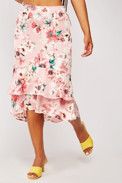 Floral Print Tiered Sateen Skirt