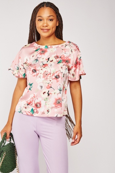 Floral Print Short Sleeve Sateen Top