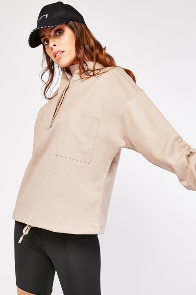 Ruched Sleeve Front Pockets Hoodie