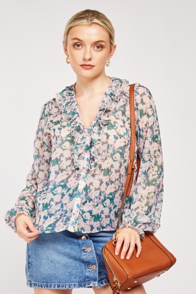 Jabot Collar Floral Top