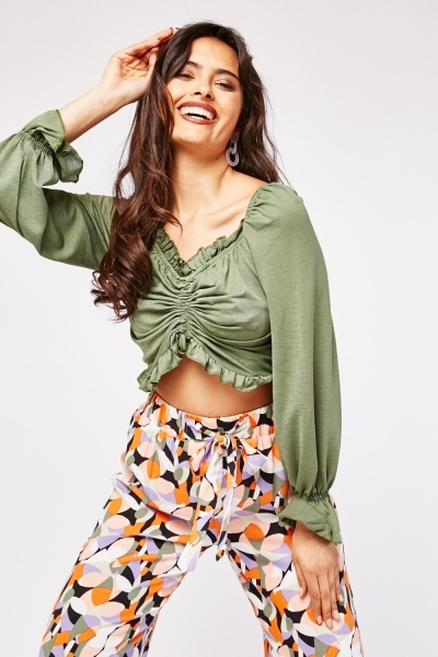 Ruched Front Long Sleeve Crop Top