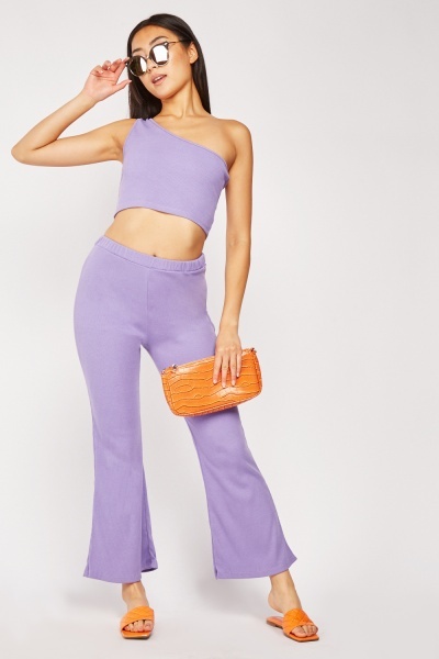 Rib Knit One Shoulder Top And Trousers Set