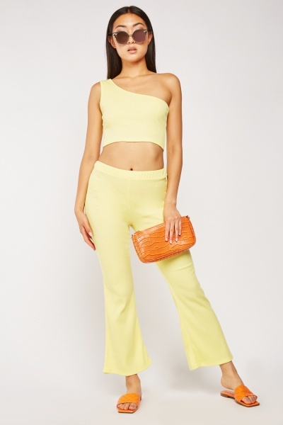 Rib Knit One Shoulder Top And Trousers Set