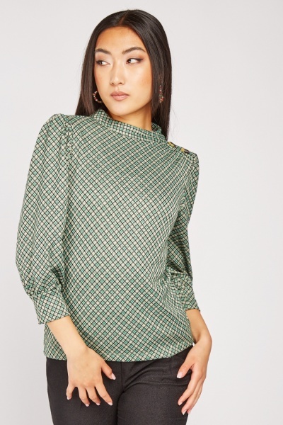 Checkered Button Trim Top