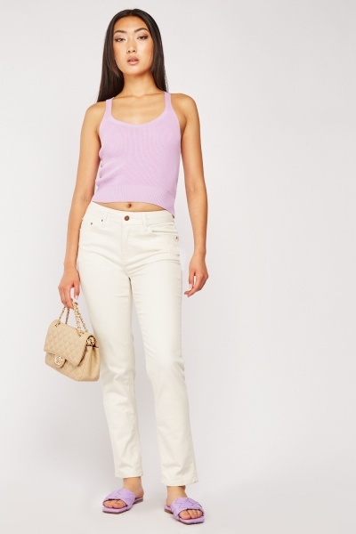 Mid Rise Straight Cut Trousers In Cream