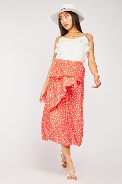 Polka Dot Ruffle Midi Skirt