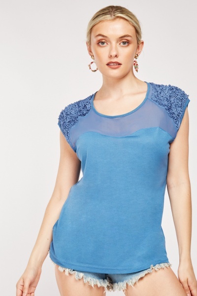 Ruched Mesh Insert Short Sleeve Top