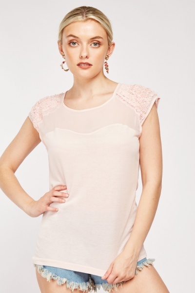 Ruched Mesh Insert Short Sleeve Top