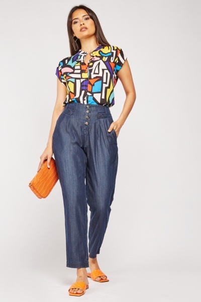 High Waist Button Front Cropped Trousers