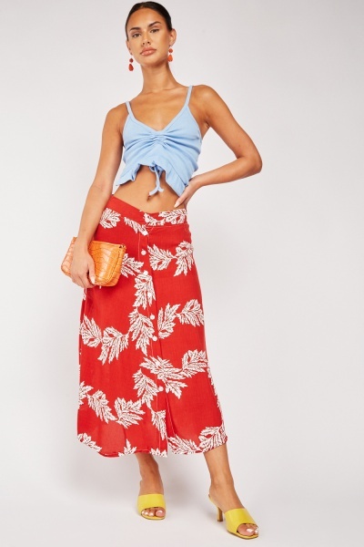 Printed Button Front Flared Skirt
