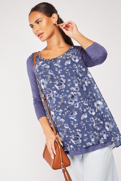 Flower Print Overlay Flared Top