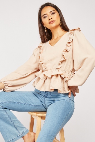 Ruffle Trim Balloon Sleeve Blouse