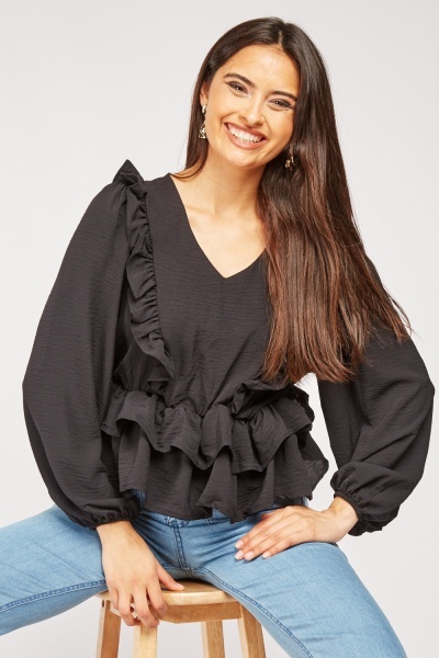 Ruffle Trim Balloon Sleeve Blouse