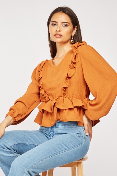 Ruffle Trim Balloon Sleeve Blouse