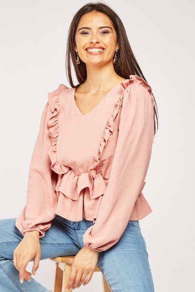 Ruffle Trim Balloon Sleeve Blouse