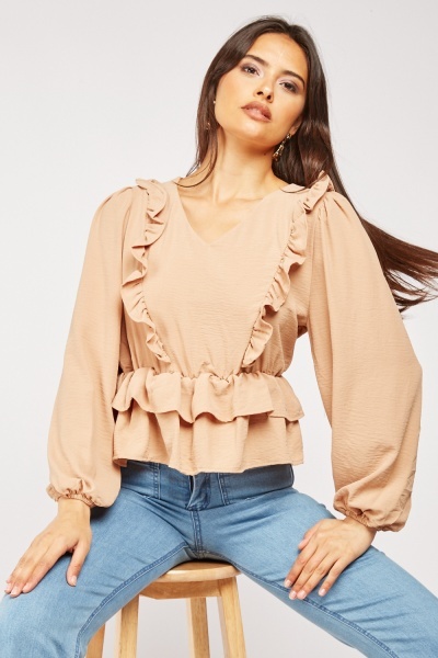 Ruffle Trim Balloon Sleeve Blouse