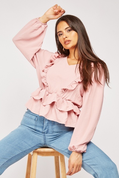 Ruffle Trim Balloon Sleeve Blouse