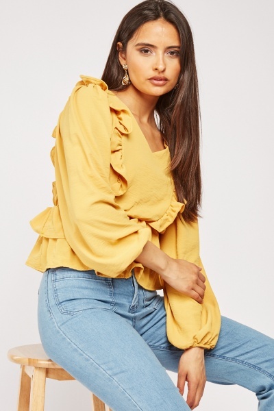 Ruffle Trim Balloon Sleeve Blouse