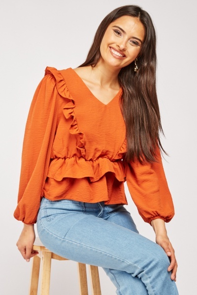 Ruffle Trim Balloon Sleeve Blouse