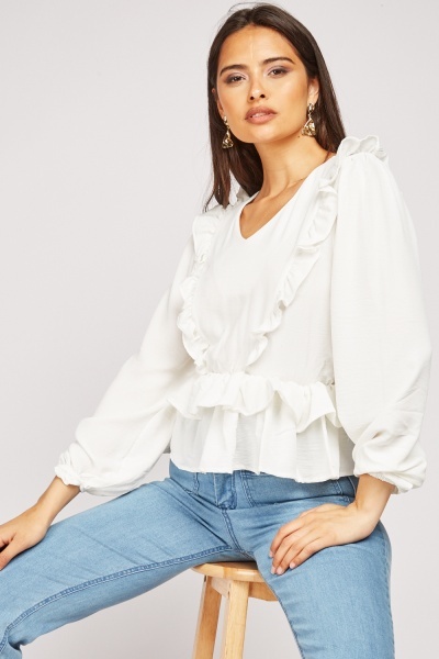 Ruffle Trim Balloon Sleeve Blouse