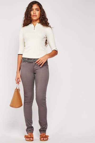 Belted Skinny Low Waist Trousers
