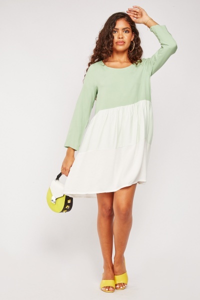 Contrasted Long Sleeve Tiered Dress