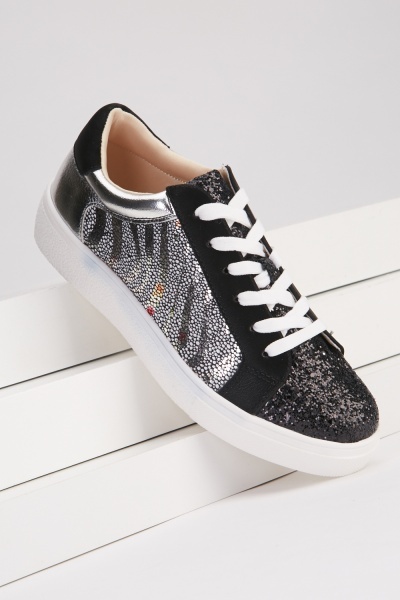 Glittery Panel Lace Up Sneakers