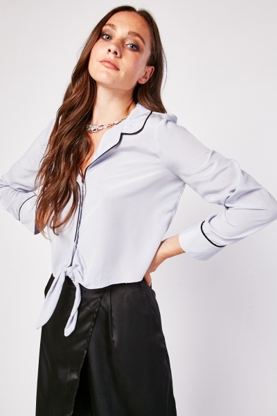 Image of Lapel Front Tie Up Blouse