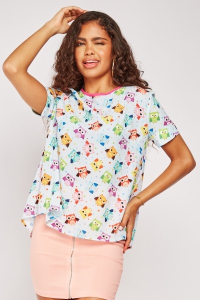 Owl Print Bow Back Detail Top