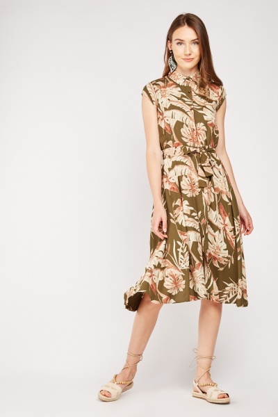 Tropical Print Flared Shirt Dress