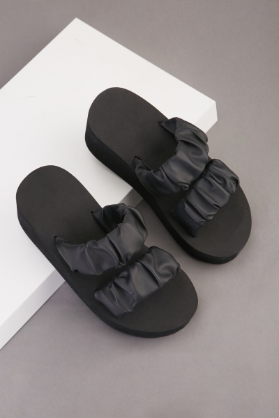 Ruched Strap Wedge Slide Sandals