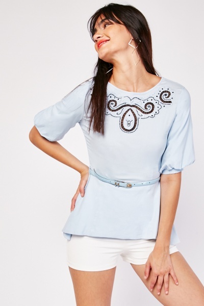 Encrusted Belted Peplum Top