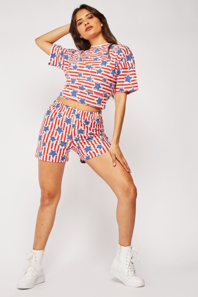 Star Stripe Print Top And Shorts Set