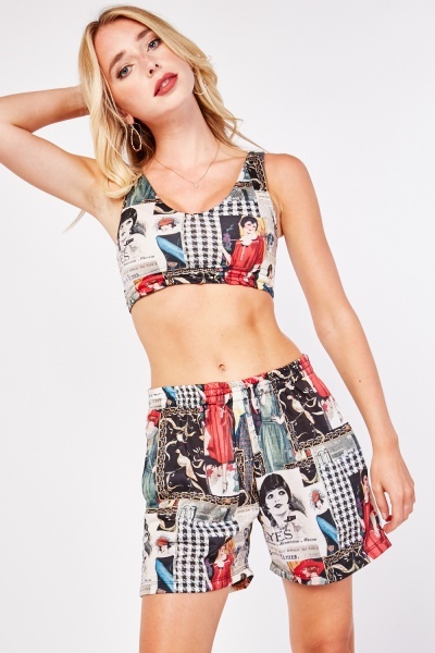 Fashion Print Crop Top And Shorts Set