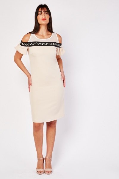 Faux Pearl Mesh Panel Shift Dress