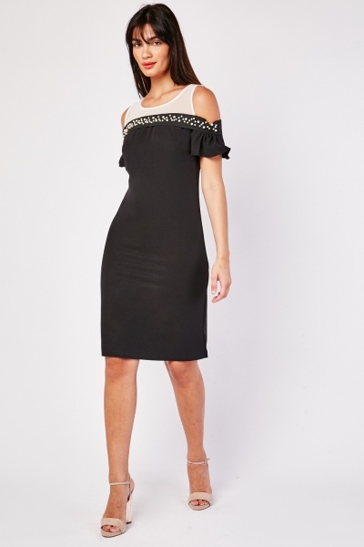 Faux Pearl Mesh Panel Shift Dress