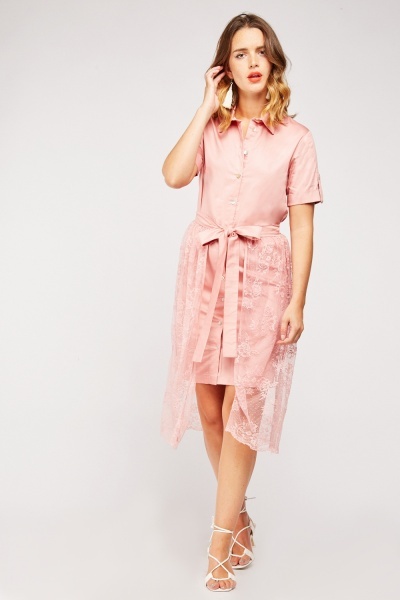 Lace Skirt Overlay Shirt Dress