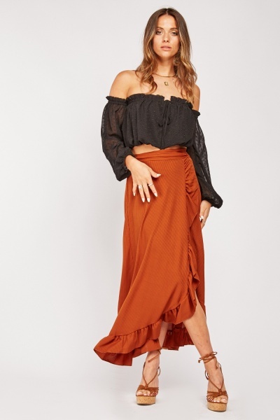 Ruffle Hem Ribbed Midi Skirt