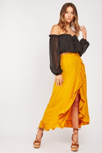 Ruffle Hem Ribbed Midi Skirt