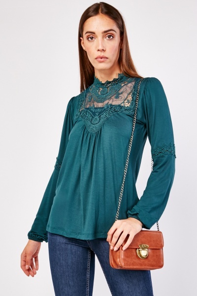 Crochet Trim High Neck Top