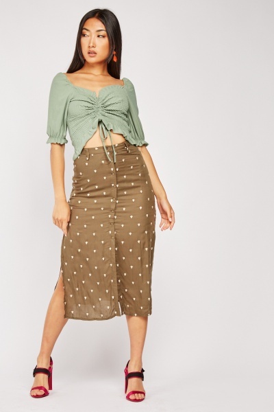 Embroidered Trim Button Up Midi Skirt