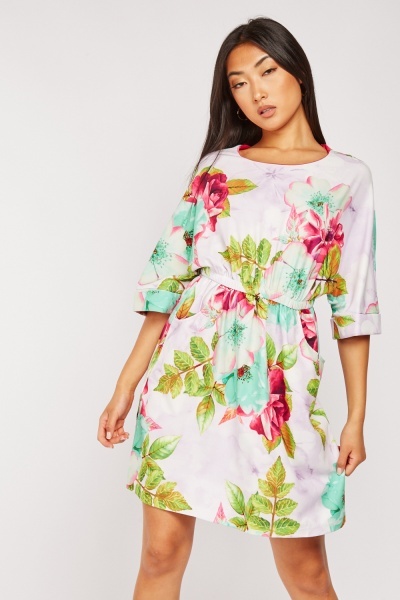 Flower Print Rolled Sleeve Tea Dress