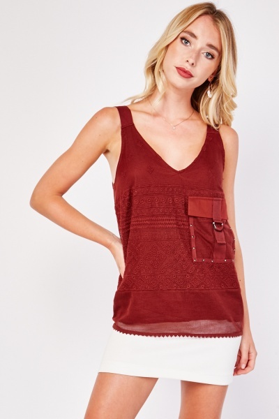 Front Flap Pocket Embroidered Cami Top