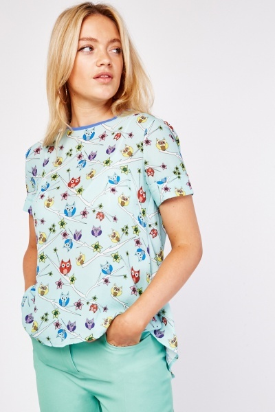 Owl Print Sheer Top