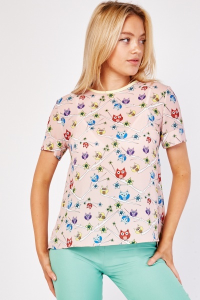 Owl Print Sheer Top